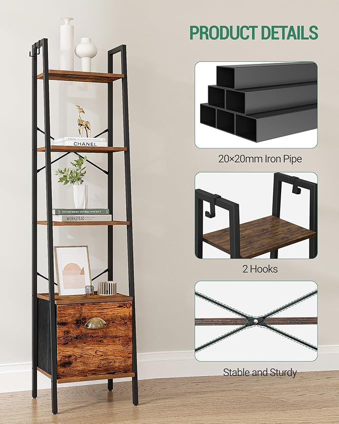 Narrow Bookshelf Bookcase with Drawer, Ladder Shelf with 2 Hooks, Bookshelves Storage Organizer, Freestanding Display Standing for Home Office, Bedroom, 6 Tier Rustic Brown BC19601B