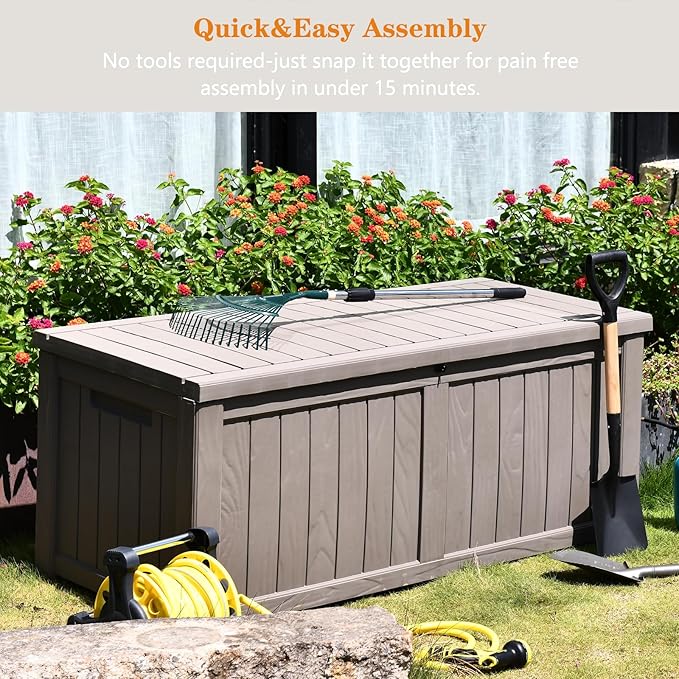 Modern-Depo 120 Gallon PP Deck Box Waterproof Outdoor Storage Box with Lockable Lid, Bench Organization Container for Patio Furniture Cushions, Garden Tools, Pool Supplies, Gray