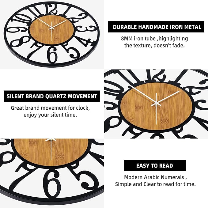 LEIKE 32" Oversized Large Wall Clocks,Silent,Non Ticking,Battery Operated Modern Round Big Wood Decorative Metal Wall Clock for Living Room, Bedroom,Kitchen,Farmhouse,Office Decor - Black,32 Inch