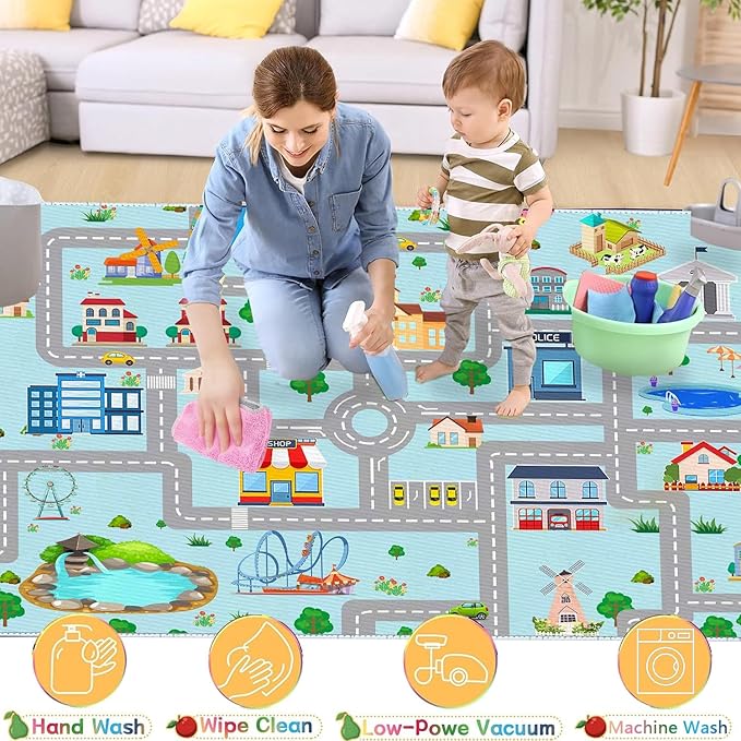 Kids Car Rug, 3' 3" x 5' 3" City Life Traffic Road Playmat for Toy Cars Trains, Non-Slip Race Track Carpet Educational Fun Area Rugs for Boy and Girl Bedroom Nursery