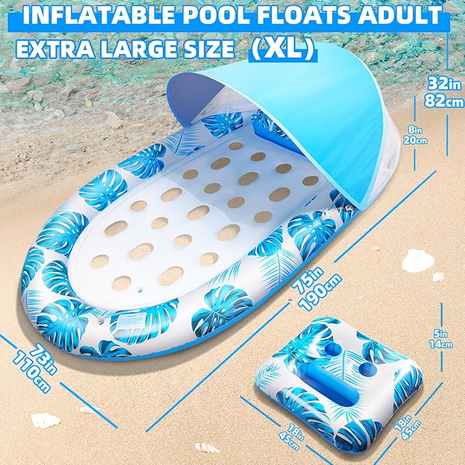 2025 New Pool Floats Adult with Canopy and Cup Holder, 3-in-1 Inflatable Pool Lounge Floaties for Swimming Pool Lake Beach Water, Raft Lounger Floating Chair for Adults Heavy Duty