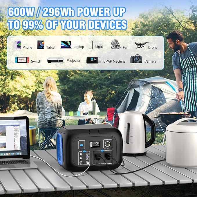 Portable Power Station 600W Power Bank 296Wh Solar Generator Lithium Battery Portable Generator Fast Charging with LED Light Battery Pack 9 Outputs Power Supply for Home Camping Emergency Backup