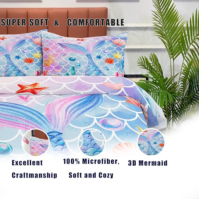 NINENINE Mermaid Comforter Sets,Full Size Girls Bedding Set,Girls Princess Comforter Sets Full Size,Colorful Ocean Fish Scales Comforter Set with 1 Comforter 2Pillowcases
