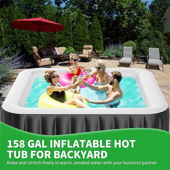 2-4 Person Inflatable Hot Tub, Square Blow Up Portable Hot Tub, Leak-Proof PVC Outdoor Spa with 120 Strong Air Jets, Heater Pump and Insulated Cover, 60” X 60”X 25”