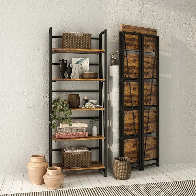 No-Assembly Folding Bookshelf Storage Shelves 5 Tiers Vintage Multifunctional Plant Flower Stand Storage Rack Shelves Bookcase for Home Office(Firestone and Black)