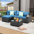 5 Pieces Patio Furniture Set All-Weather Outdoor Wicker Sectional Conversation Sofa Rattan Patio Seating Sofa with Cushion and Glass Table and Ottoman for Porch Poolside,Peacock Blue