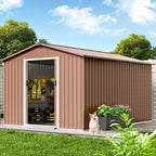 8X12 FT Large Metal Outdoor Storage Shed, Galvanized Steel Garden Tool Shed with Lockable Double Doors & Ventilation for Bicycles, Tools, Lawnmowers, Backyards, Patios, Lawns, Brown