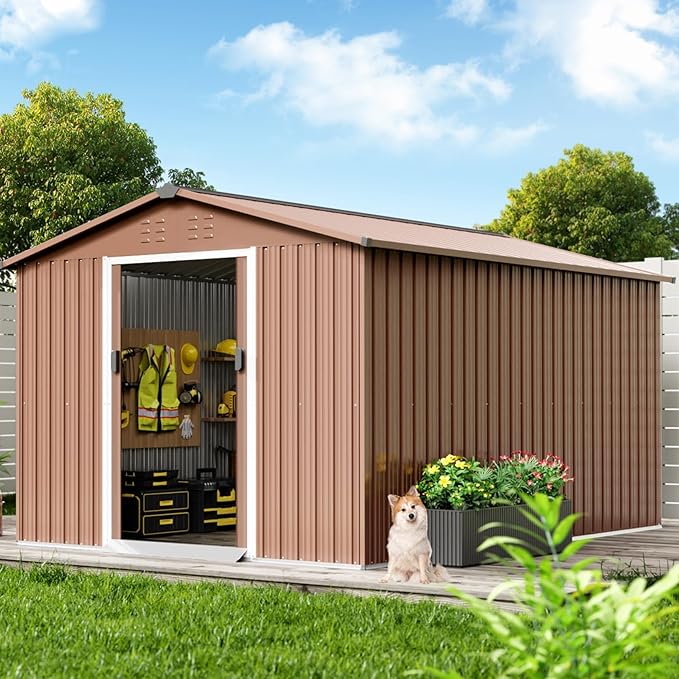 8X12 FT Large Metal Outdoor Storage Shed, Galvanized Steel Garden Tool Shed with Lockable Double Doors & Ventilation for Bicycles, Tools, Lawnmowers, Backyards, Patios, Lawns, Brown