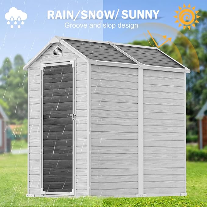 CDCASA 6x4 FT Resin Shed, Waterproof Outdoor Small Storage Shed with Floor & Lockable Door & Window & Vents, Plastic Tool Shed for Outside, Patio, Poolside, Grey