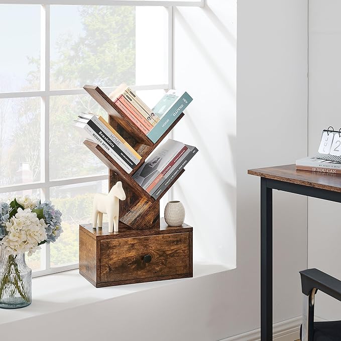 4 Tier Tree Bookshelf with Drawer, Small Tree Bookcase, Table Top Book Shelf Organizer Shelves for Living Room, Bedroom, Home Office, Rustic Brown