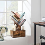 4 Tier Tree Bookshelf with Drawer, Small Tree Bookcase, Table Top Book Shelf Organizer Shelves for Living Room, Bedroom, Home Office, Rustic Brown