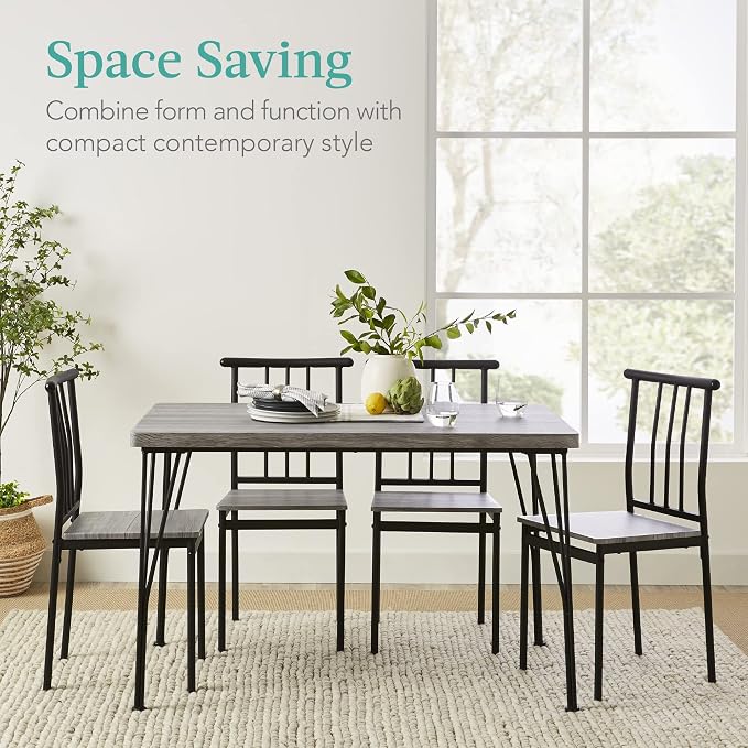 Best Choice Products 5-Piece Metal and Wood Indoor Modern Rectangular Dining Table Furniture Set for Kitchen, Dining Room, Dinette, Breakfast Nook w/ 4 Chairs - Gray