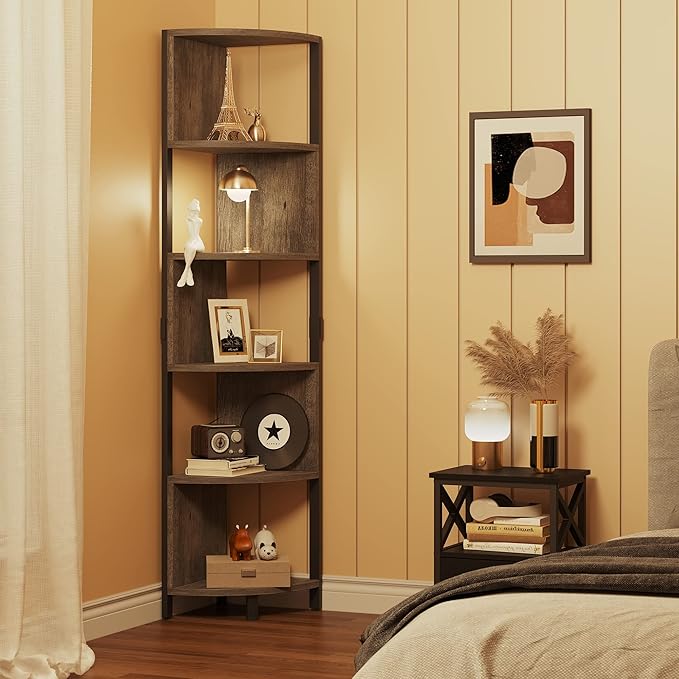 YITAHOME 6-Tier Corner Shelf, 68.8" Tall Industrial Free Standing Corner Bookshelf, 6 Shelf Display Corner Bookcase Open Small Book Shelves for Bedroom, Living Room, Small Space, Charcoal Gray + Black