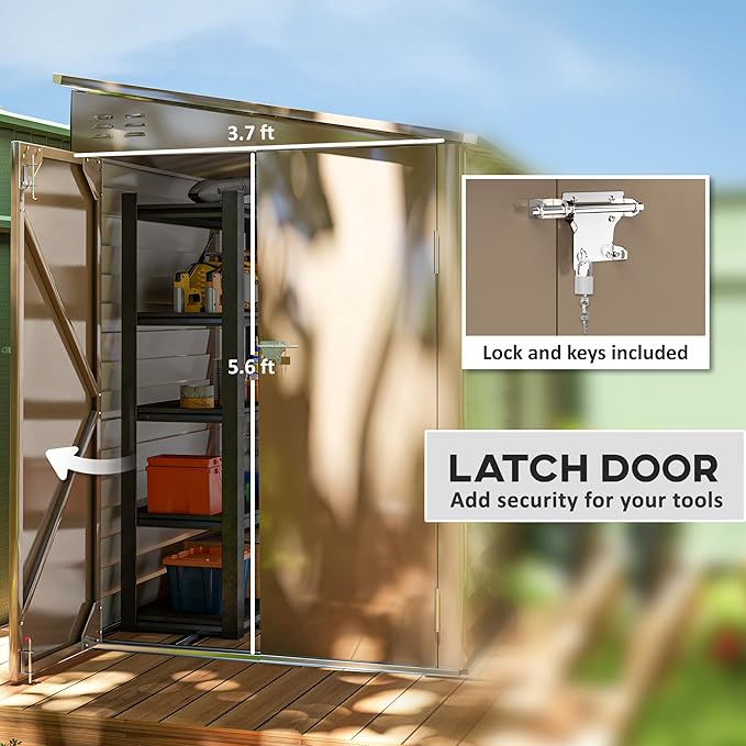 Outsunny 4.6' x 9' Steel Outdoor Storage Shed, Lean to Shed, Metal Tool House with Foundation Kit, Lockable Doors, Gloves and 2 Air Vents for Backyard, Patio, Lawn, Brown