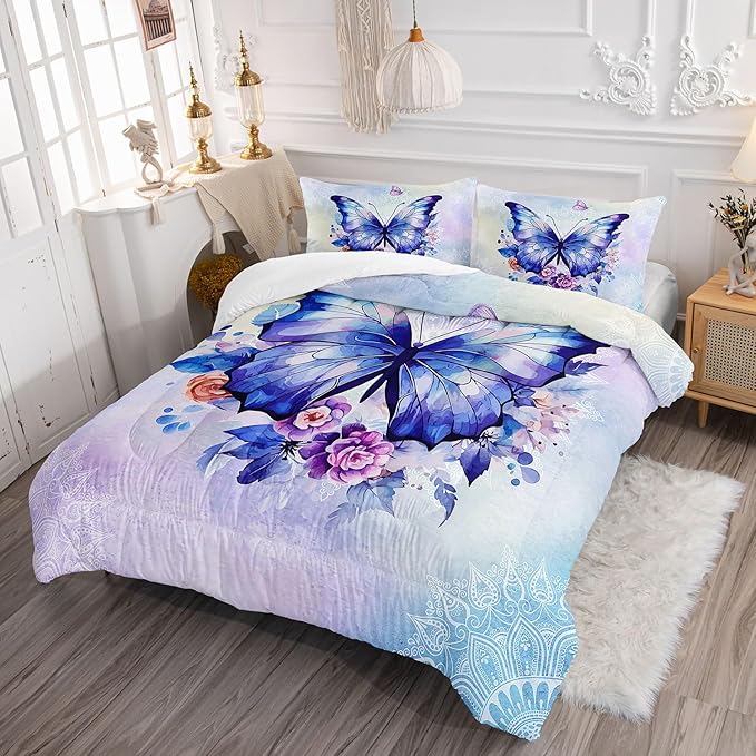 Datura home Kids Comforter Set Butterfly Printed Pattern Bedding Set with 1 Comforter and 2 Pillowcases for Girls Boys Bedroom All Season(Butterfly3 Queen)
