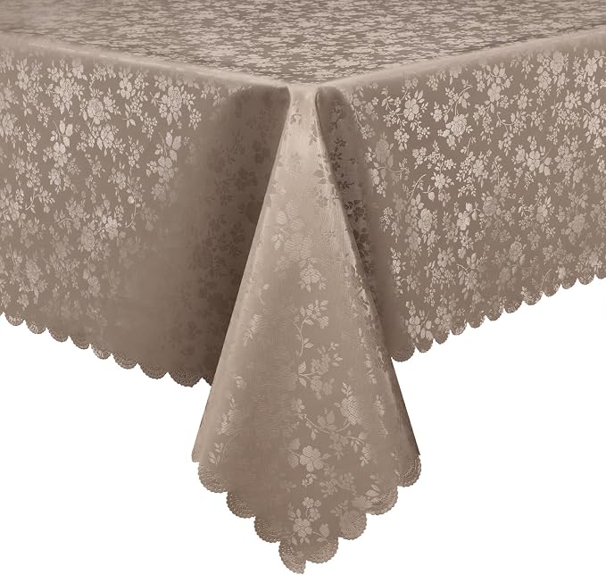 Smiry Rectangle Waterproof Heavy Duty Vinyl Tablecloths, 60 x 84 Inch | Wipeable Washable Floral Embossed Table Cover for Kitchen and Dining Room, Indoor & Outdoor Use, Taupe