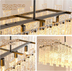 Modern Rectangle Black Crystal Chandeliers for Dining Room, L39" Large Rectangular Water Ripple Glass Island Light Fixture, 6-Lights Hanging Pendant Light for Kitchen Island, Living Room