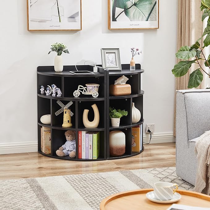 Vecelo 3-Tier Corner Cabinet with USB Outlet, 8 Cubbies Wooden Cube Storage Organizer, Corner Bookshelf Units for Playroom, Bedroom, Living Room, Black