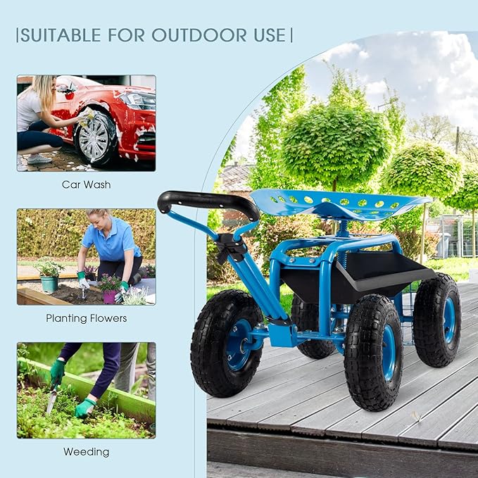 Rolling Garden Tool Cart with Seat Heavy Duty Scooter with Handle and Storage for Seniors Garden Cart on Wheel,Blue
