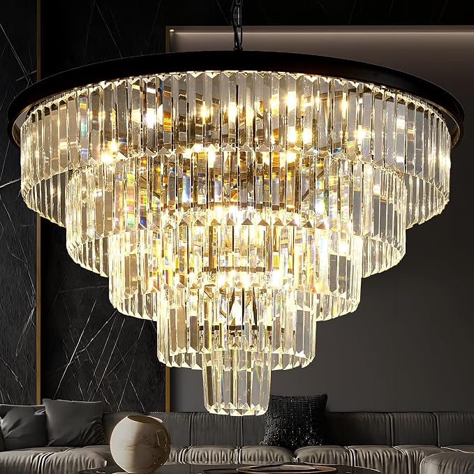 Large Crystal Chandelier 30'' Modern Black Dining Room Light Fixture | 5-Tier K9 Luxury Crystal Pendant Light for High Ceiling Big lighting fixture for Living Room Kitchen Foyer Staircase Entryway
