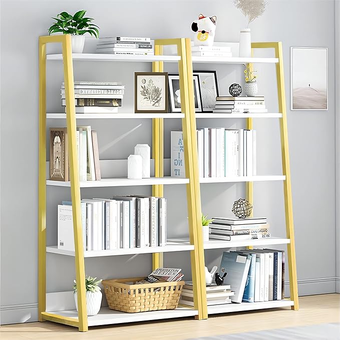 IOTXY 5 Tier Open Bookshelf - Steel and Wood Display Stand, 50CM Width Floor-Standing Bookcase, Gold