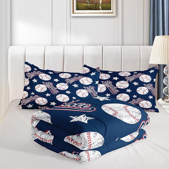 3D Baseballs Comforter Full Size,Blue Baseball Kids Comforter Set,3Pcs Bedding Set Printed Comforter with 2 Pillowcases,Down Alternative,Soft and Lightweight,for All Seasons