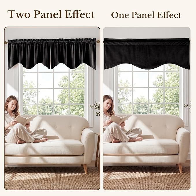 Black Scalloped Valance 52x18 Inch 1 Panel | Heavy Velvet Wavy Blackout Valance for Kitchen, Room Darkening Short Window Curtains for Basement, Living Room