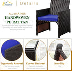 Shintenchi Wicker Patio Conversation Furniture Set with Detachable Chairs & Table and Two Removable Cushions,Rattan Wicker Lover Chair for Patio,Garden, Courtyard and Lawn Backyard (Deep Blue)