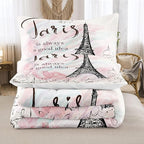 Bodhi Full Size Paris Comforter Set,Girls Pink bedding set,Cartoon eiffel tower Comforter Set,Girls Comforter with Matching Pillowcase,Pink Girls Bed Set Full Size