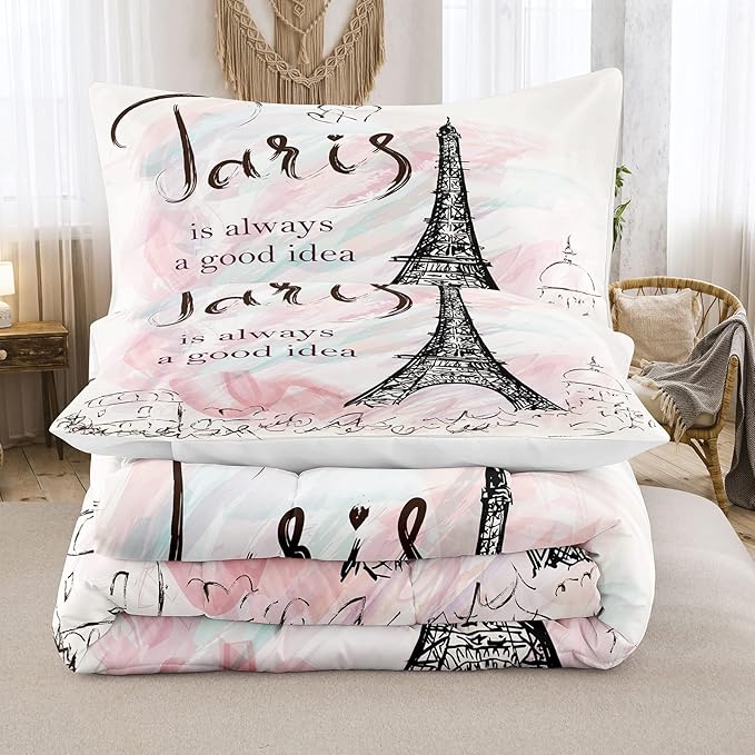Bodhi Girls Comforter Bedding Set Queen,Pink Comforter Set for Girls,Paris Bedding Set,Girls Pink Bedding Set with Matching Pillowcase,Pink Girls Queen Size Bed Set,Eiffel Tower Bedding Set