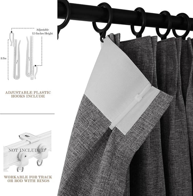 100% Blackout Linen Textured Drapes for Bedroom Pinch Pleated Curtains for Track System Portable Drapery for Sliding Glass Door/Storage/Space Room Divider, 70" Wx96 L, 1 PC, Natural Grey