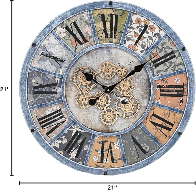 Unique Moving Gear Large Round Wall Clock 21inch-Battery Powered. Retro Industrial Steampunk Country Farmhouse Decor for Living Room Kitchen Bars cafes Offices(Blue/metal/21)