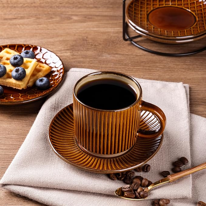 GBhome 6 OZ Stackable Coffee Mugs Set of 4, Ceramic Espresso Coffee Cups | Coffe Cups With Saucer and Stand, Dishwasher&Microwave Safe, 4 Assorted Designs