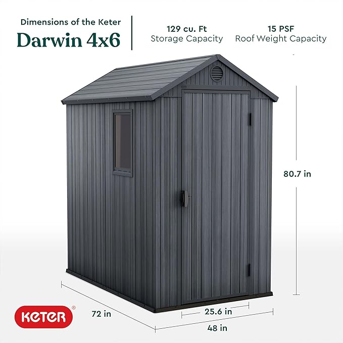 Keter Darwin 4x6 Feet Outdoor Storage Shed, Graphite Gray – Lockable Resin Organizer Unit with Single Door, Window, and Skylight for Backyard, Garden, or Lawn Organization
