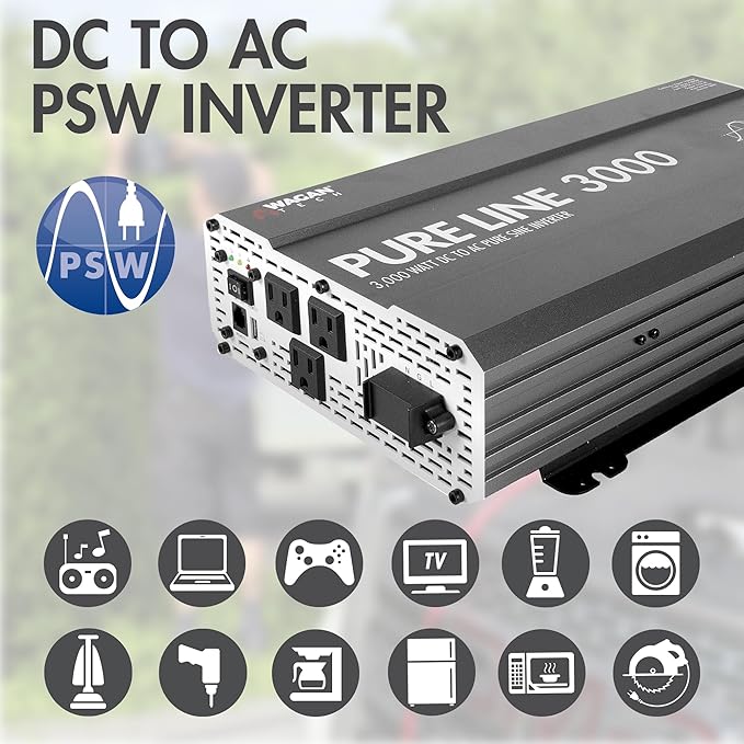 Wagan EL3810 Pure Line 3000 watt Power Inverter 6000 Watt Peak Surge Power DC 12V to 110V AC Car Inverter ETL Certified