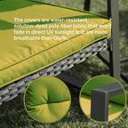 3 Piece Rocking Bistro Set - Synthetic Wicker Outdoor Furniture - Glass Coffee Table with 2 Chairs for Balcony, Patio & Porch - Black Metal, Soft Cushions (Green)