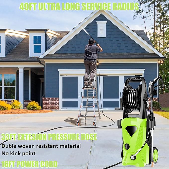 5000PSI Electric Pressure Washer - 2025 New Electric Power Washer with Upgraded 33ft Pressure Washer Hose Reel, Foam Cannon, 4 Nozzle Set, Power Washer for House/Patios/Car/Fence, Green