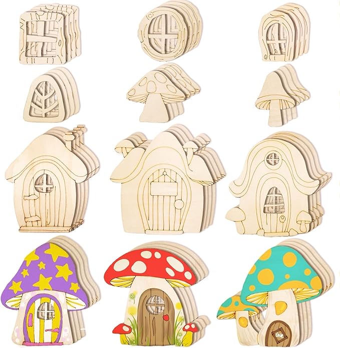48 Pcs Fairy Door & Window Craft Kit - Wooden Garden Doors, Mini Fences, Unpainted Miniature Accessories for Home Party Event Decor - DIY Fairy House Decorations