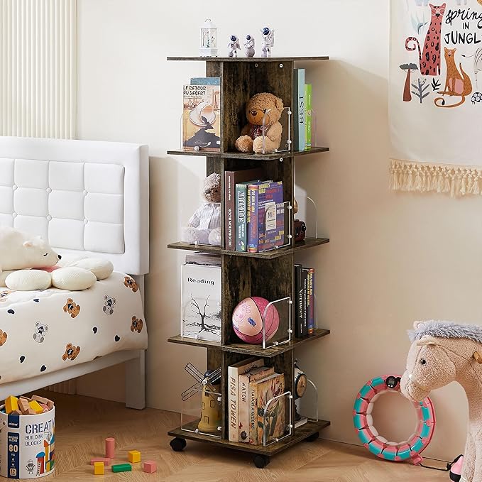 VECELO Rotating Bookshelf with Brake Wheels, 360°Display 4 Tier Floor Stackable Spinning-Bookshelf Tower for Kids&Adults, Revolving Bookcase for Small Space,Corner(Brown)