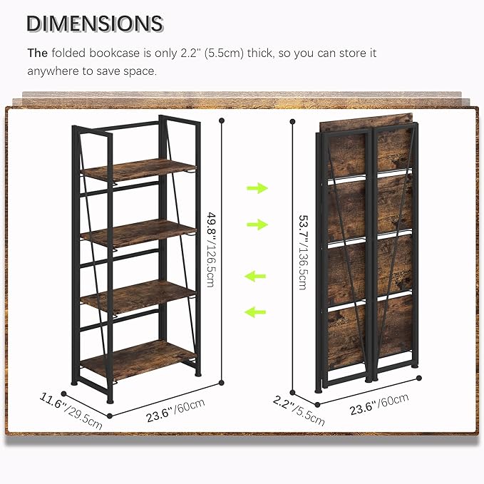 4NM No-Assembly Folding Bookshelf Storage Shelves 4 Tiers Vintage Bookcase Standing Racks Study Organizer Home Office (Rustic Brown and Black)