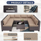 Patio Furniture Set 9PCS Outdoor Furniture for Backyard Wicker Sectional Sofa Set, Rattan Patio Conversation Set with Thickened Cushions and Glass Coffee Table, Sand