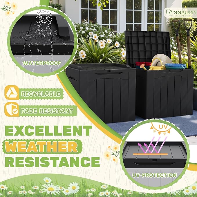 Greesum 31 Gallon Deck Box for Outside, All Weather Outdoor Storage Boxes for Patio Furniture Set, Package Delivery Box, Garden Tools, Black(Set of 2)