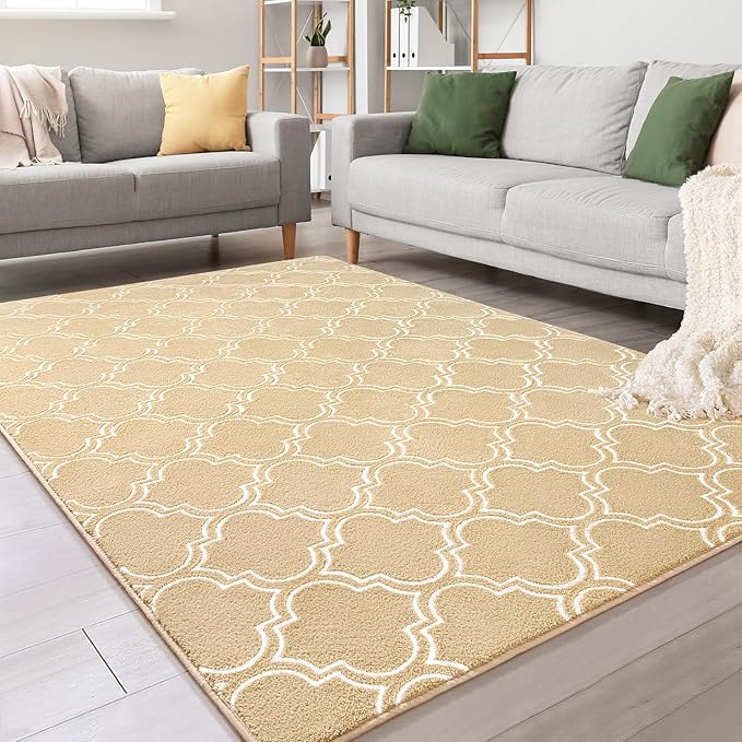 Chicrug Shag Geometric Modern Area Rug for Living Room, 6x9 Feet Large Memory Foam Indoor Carpet, Fluffy Rug for Bedroom Bedside Room Decor for Family Girls Kids Nursery, Beige/White