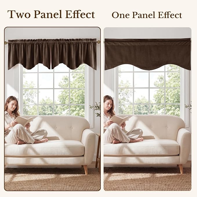 Brown Valance for Windows 52x18 Inch 1 Panel | Solid Velvet Wavy Kitchen Curtains for Small Window, Autumn Traditional Home Decor Window Treatment for Living Room