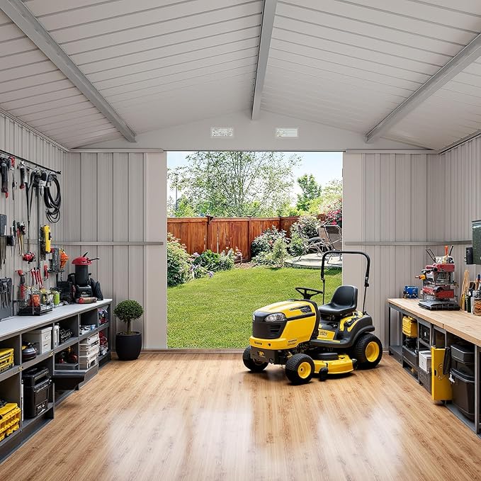 10×14 FT Outdoor Storage Shed, Light Grey Workshop Shed with 3 Lockable Doors & 4 Vents for Backyard, Patio, Lawn, Garden Tool & Lawn Mower Storage - Ideal for Homeowners, Gardeners & DIYers