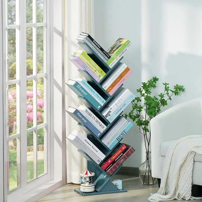 10 Tier Tree Book Shelf, Floor Standing Wood Bookshelf for Narrow Space, Storage Organizer Bookshelves for Books/CDs/Magazine, Bookcase with Shelves for Home Office, Living Room - Blue