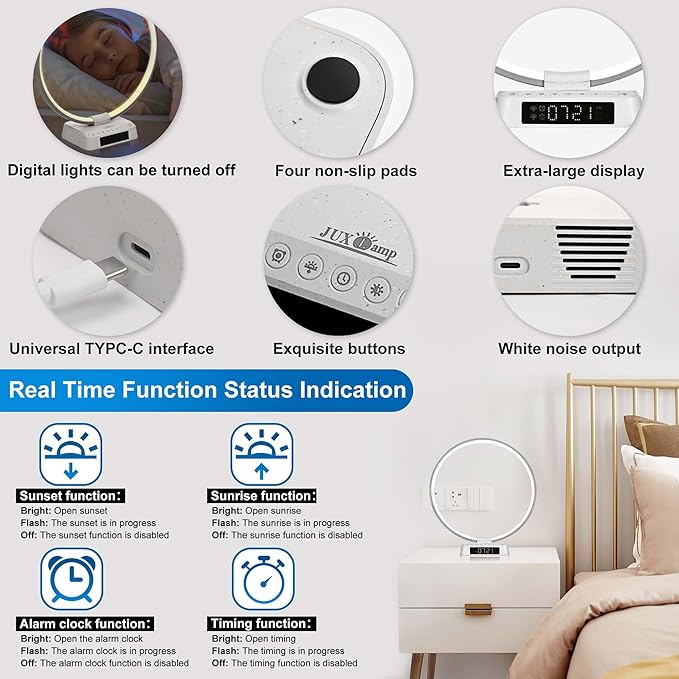 Light Alarm Clock Wake up Light Bioclock Adjustment Sunrise Alarm Clock Awakening lamp Bedside lamp Table lamp Nightstand Lamp Aureole Ring Light