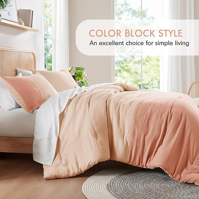 Pink Comforter Set Queen - Full Size Comforter Sets for Women, Modern Farmhouse Soft Bedding, Colorblock Pattern Bed Sets for All Season, 3 Pieces includes 1 Comforter, 2 Shams (90"x 90")