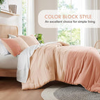 Pink Comforter Set Queen - Full Size Comforter Sets for Women, Modern Farmhouse Soft Bedding, Colorblock Pattern Bed Sets for All Season, 3 Pieces includes 1 Comforter, 2 Shams (90"x 90")