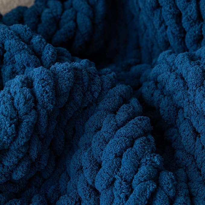 WESHIONGOO Chunky Knit Blanket Throw 40"*40" Knitted Throw Blankets for Couch Bed Fluffy Soft Blanket with Jumbo Chenille Yarn Thick 100% Handmade(Navy Blue)